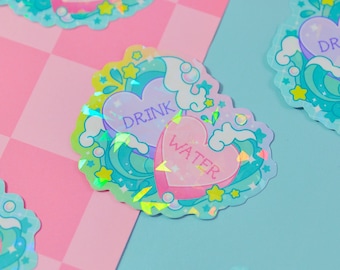 Pastel Drink Water, Self Care Holographic Sticker
