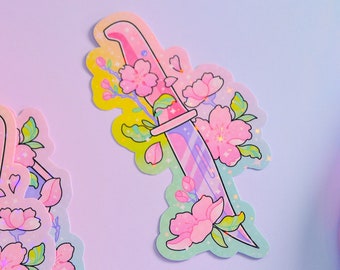 Pastel Goth Blossom Hunting Knife Holographic Sticker