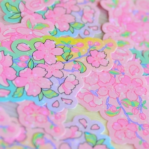 Sticker holographique printanier fleurs de cerisier Sakura