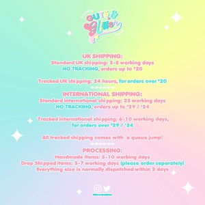 May include: A pink and blue graphic with the text "Guts & Glitter" and information about shipping and processing times for orders. The text includes information about standard and tracked shipping options for both the UK and internationally. It also includes information about processing times for handmade items, drop shipped items, and other items.