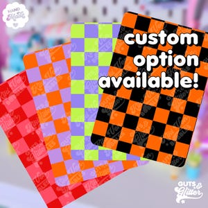 May include: Four checkerboard patterned stickers in different colour combinations: red and orange, purple and orange, green and purple, and black and orange. The stickers are arranged in a stack with the black and orange sticker on top. The text "custom option available!" is written in white letters on a black background.