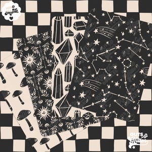 Könnte beinhalten: Vier digitale Papierdesigns mit schwarzen und weißen Illustrationen auf schwarzem Hintergrund. Die Designs beinhalten Kristalle, Sterne, Pilze und eine Sonne und einen Mond.