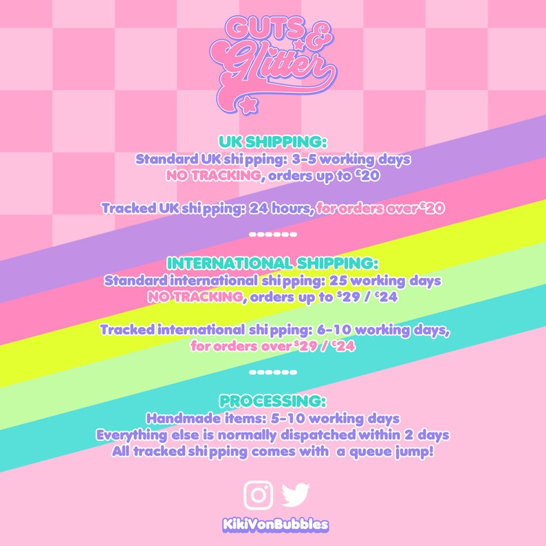 K&ouml;nnte beinhalten: Rosa, gelbe und blaue Grafik mit dem Text "GUTS & Glitter" in einer rosa, wei&szlig;en und schwarzen Schriftart. Die Grafik enth&auml;lt Informationen &uuml;ber Versandzeiten und -kosten f&uuml;r Bestellungen aus Gro&szlig;britannien und international. Der Text "Handgefertigte Artikel: 5-10 Werktage" ist ebenfalls enthalten.