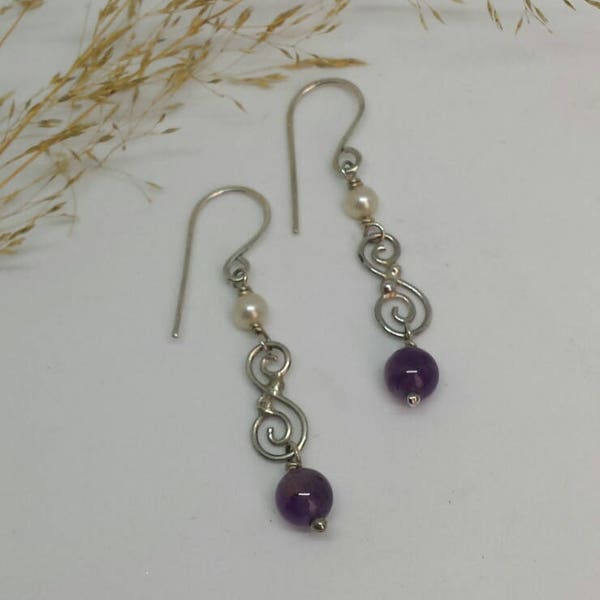 Sterling Silver Earrings with Amethyst Drop and Cultured Pearl Bead