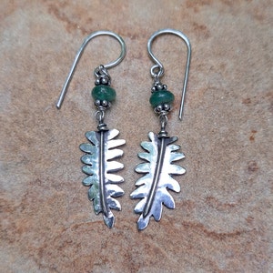 Sterling Silver Fern Earrings with Emerald Beads