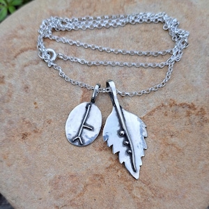 Sterling Silver Birch Leaf Necklace: Handmade Ogham Charm