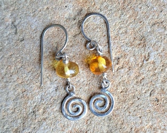 Sterling Silver Spiral Earrings with Baltic Amber Beads.