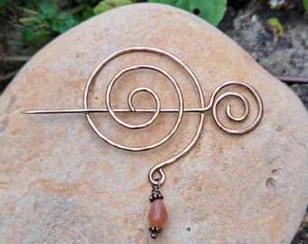 Bronze Spiral Shawl Pin with a Moonstone Drop