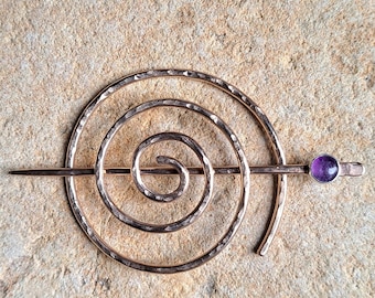 Handmade Bronze Spiral Shawl Pin set with an Amethyst Cabochon.