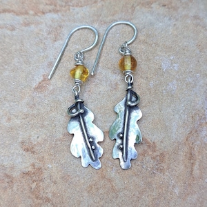 Handmade Sterling Silver Oak Leaf Earrings with Amber Beads