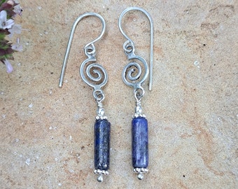 Sterling Silver Spiral Earrings with Lapis Lazuli Drops