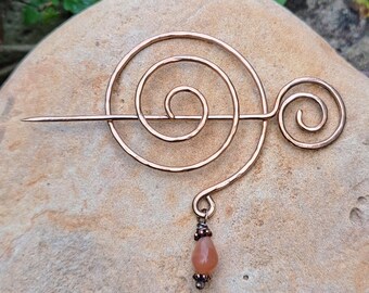 Bronze Spiral Shawl Pin with Moonstone Drop