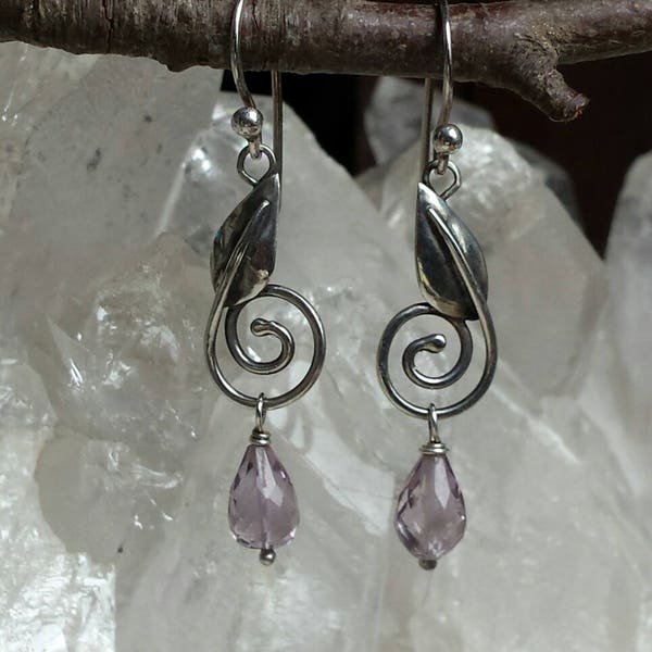 Sterling Silver Leaf and Spiral earrings with Amethyst drops