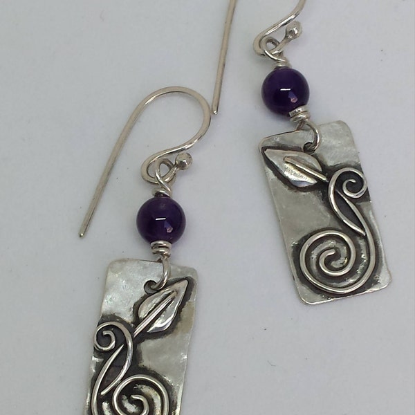 Sterling Silver Spiral Leaf earrings with Amethyst beads