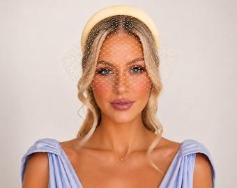 Butter Yellow Satin Fascinator Headband, Birdcage Net Veil, Wedding Races