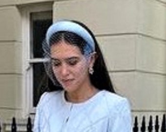 Blue Silk Satin Headband Padded  and Blusher Nose Length Veil with rounded padding Duchess Pure Silk  4 cms wide 2 cms high