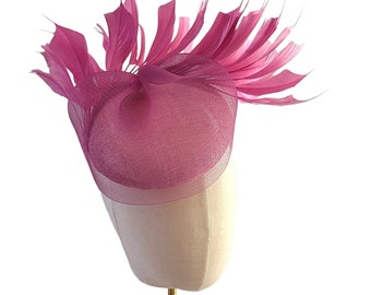 Pink Percher Hat Fascinator, Pink Feather hatinator with Veiling, Small Pillbox