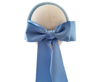 Blue Satin Bow Headband Fascinator, on a padded velvet headband, optional tails