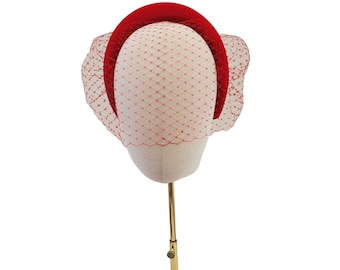 Red Satin Padded headband, Fascinator, with blusher nose length veil,