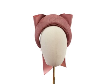 Blush Pink Satin Bow Headband Fascinator, on a Sinamay Halo Base, with tails