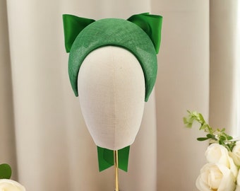 Green Satin Back Bow Headband Fascinator, on a Sinamay Halo Base, with tails