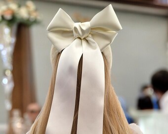 Ivory Satin Bow Headband Fascinator, on a Sinamay Halo Base, with tails, Sailor bow