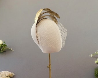 Gold Feather Design Fascinator, Leather Headpiece,blusher  display picture 3