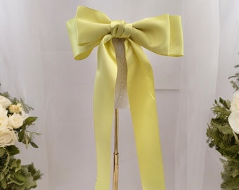 Big Yellow Satin Bow Hair Clip with Long Tails, Fascinator, Bridal or Bridesmaid, Double Bow 22 cms Wide,