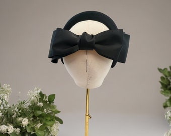 Black Satin Back Bow Headband Fascinator, with a padded velvet headband, optional tails