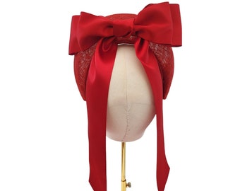 Red Satin Back Bow Headband Fascinator, on a Sinamay Halo Base, with tails