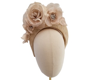 Beige Flower Halo Crown, Fascinator Sinamay Headband with Silk flowers