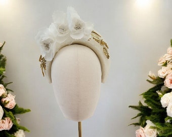 Ivory Halo Fascinator Headband, with Silk Organza flower Vine and Gold Beads, Lightweight Races Headpiece