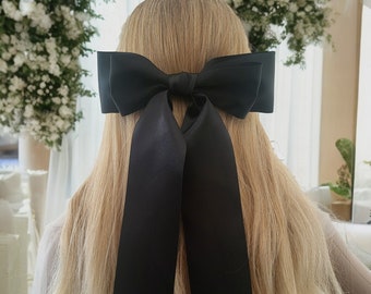 Big Black Satin Bow Hair Clip with Long Tails, Fascinator, Bridal or Bridesmaid, Double Bow 22 cms Wide,