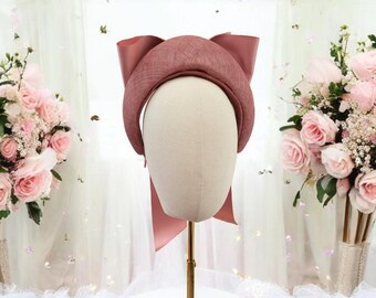 Blush Pink Satin Bow Headband Fascinator, on a Sinamay Halo Base, with tails