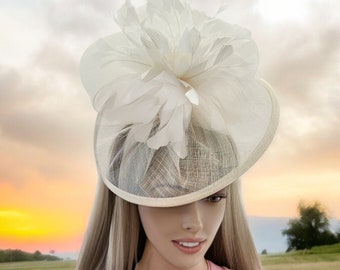 Ivory Feather Bow Fascinator, Percher Hat, Hatinator on a headband