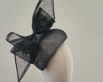 Big Black Bow Percher hat, with silver thread, Teardrop Fascinator, hatinator for races