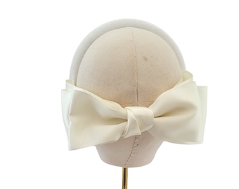 Ivory Satin Back Bow Headband Fascinator, on a padded velvet headband, optional tails