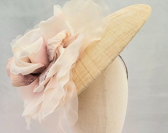 Pale Pink Flower Fascinator, Percher Hat, Beige Saucer, Races , Hatinator, wedding headpiece,