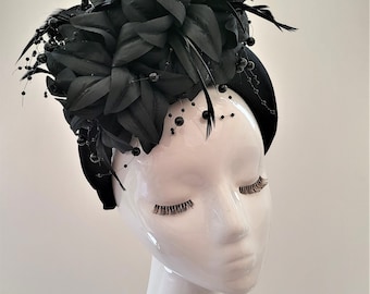 Black Feather Fascinator on a Satin Tall Padded Headband, Races hatinator, Formal headpiece, flower crown
