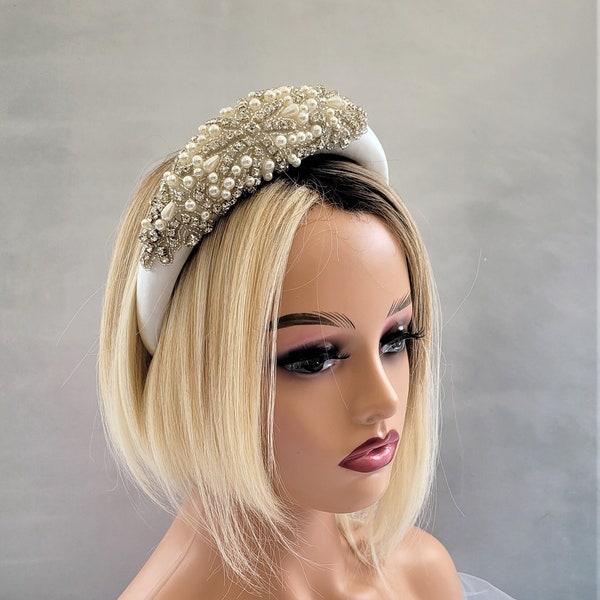 Ivory Silk Jewelled Headband, Padded, Bridal Headpiece, 4 cms wide