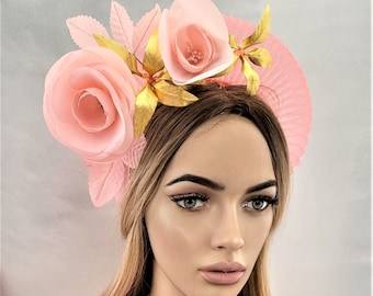 Coral Orange Fascinator Headband, Peachy Pink Silk Rose Flower Leather Gold Leaf, Halo Crown Headpiece,