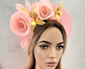 Coral Orange Fascinator Headband, Peach Silk Rose, Gold Leaf Halo