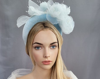 Blue Flower Headpiece Fascinator, Velvet high padded headband, mother of the bride, halo, crown, Ascot hat