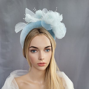 Blue Flower Headpiece Fascinator, Velvet high padded headband, mother of the bride, halo, crown, Ascot hat