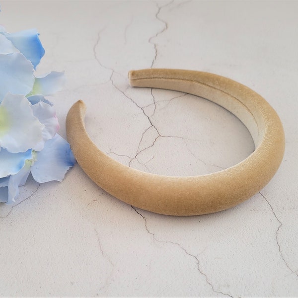 Beige Gold Velvet Padded headband alice band hair band with Plush Rounded Padding 2.5 cms wide