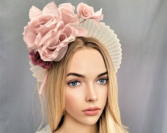 Ivory Fascinator Headband, Blush Silk Rose Flower, Halo Crown Headpiece,