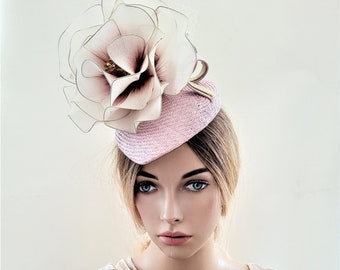 Blush Pink Flower Pillbox Hat Fascinator, with Optional Veil, Straw Percher hat,  Races