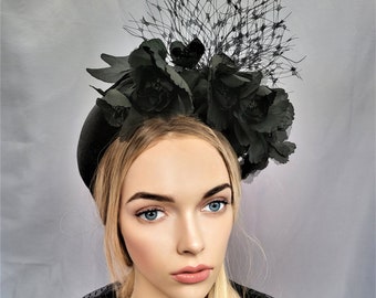 Black Fascinator, Flower Headpiece, Headband Halo Crown, with Chiffon Silk Flowers and veiling,