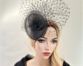 Black Flower Fascinator, Percher hat, with Veiling Bow Loops and Beads, Wedding Races,