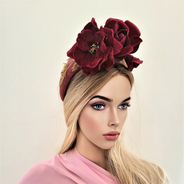 Burgundy Wine Red Halo Fascinator Headband, with Velvet flowers and Gold Beads, Lightweight Races Headpiece, 6 cms wide